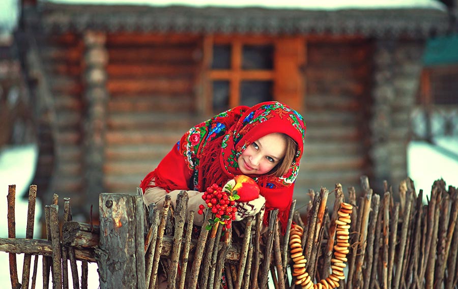 Sexy girl Women in Slavic costumes in New York