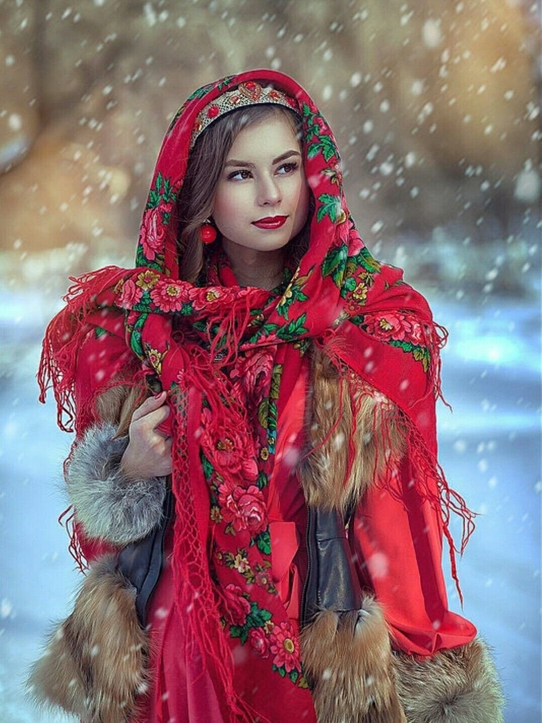 Beautiful girl Women in Slavic costumes in New York